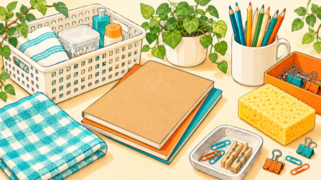 収納かご、ノート、文具や掃除用品のイメージイラスト